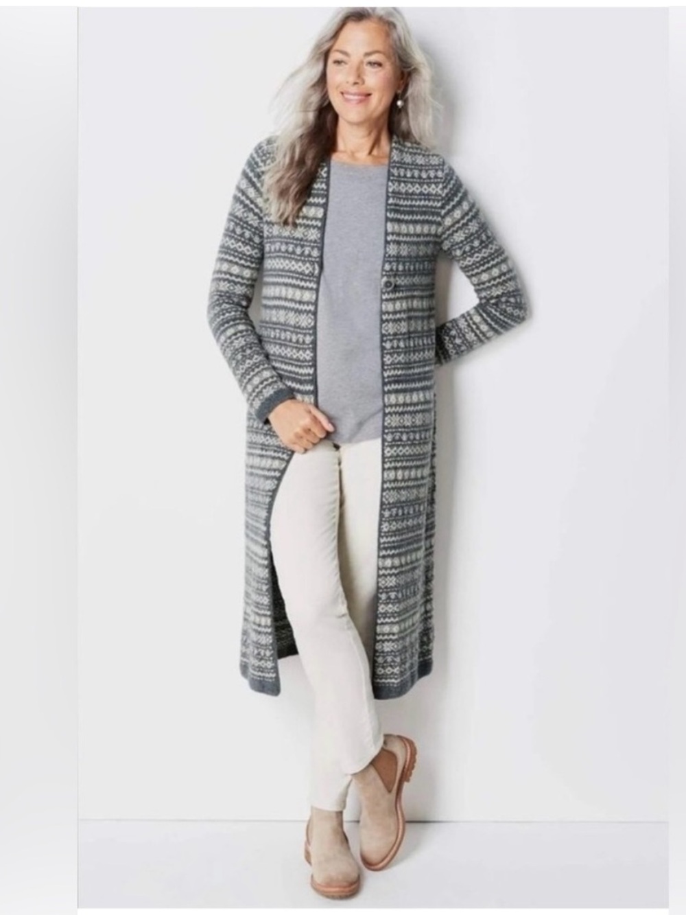 J. Jill Fair Isle Boucle Cardigan Gray & Cream Medium Like New